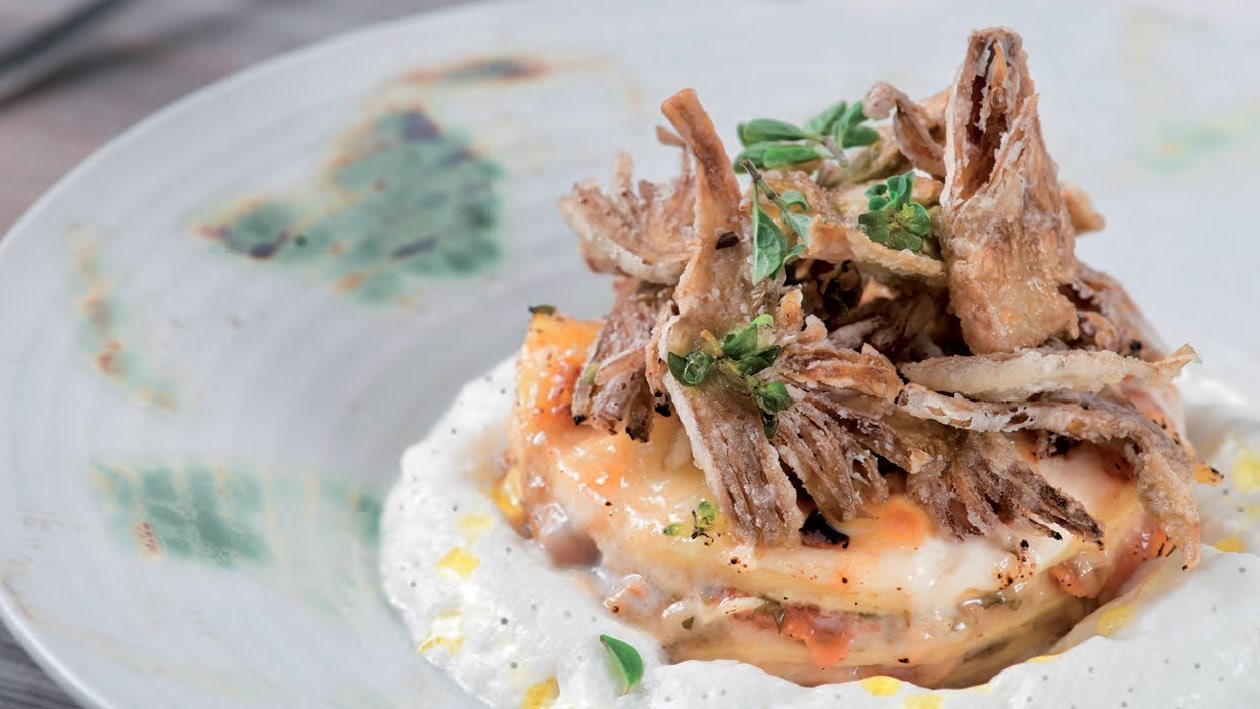 Лазаня от пържена паста с артишок и мус от пармезан – - Рецепта