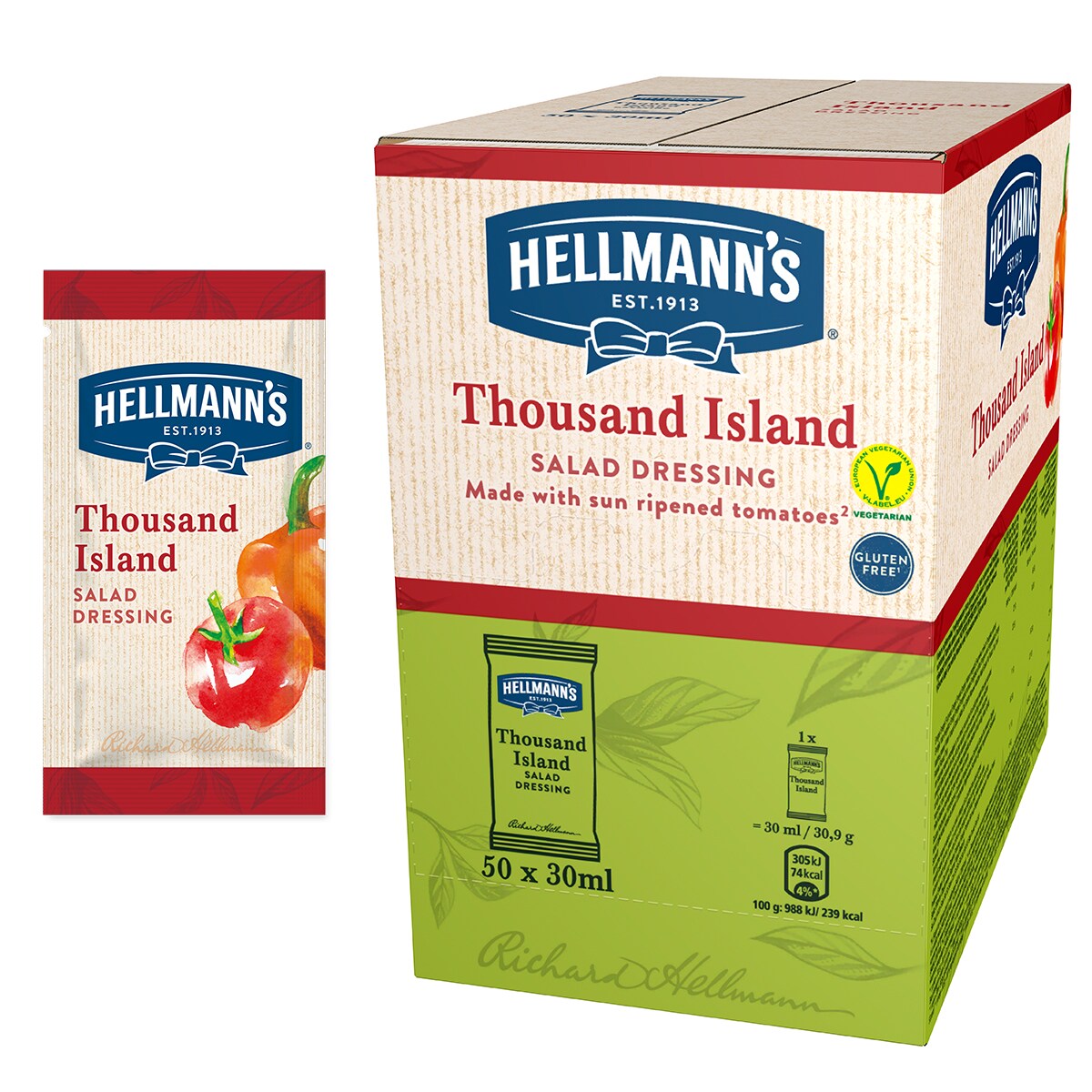 Hellmann's Салатен дресинг Хиляда острова - доза 30 ml - "Имам нужда от готово решение за салатен дресинг в единична доза, с качество, на което мога да разчитам и което бързо би се добавило към салата за доставка"