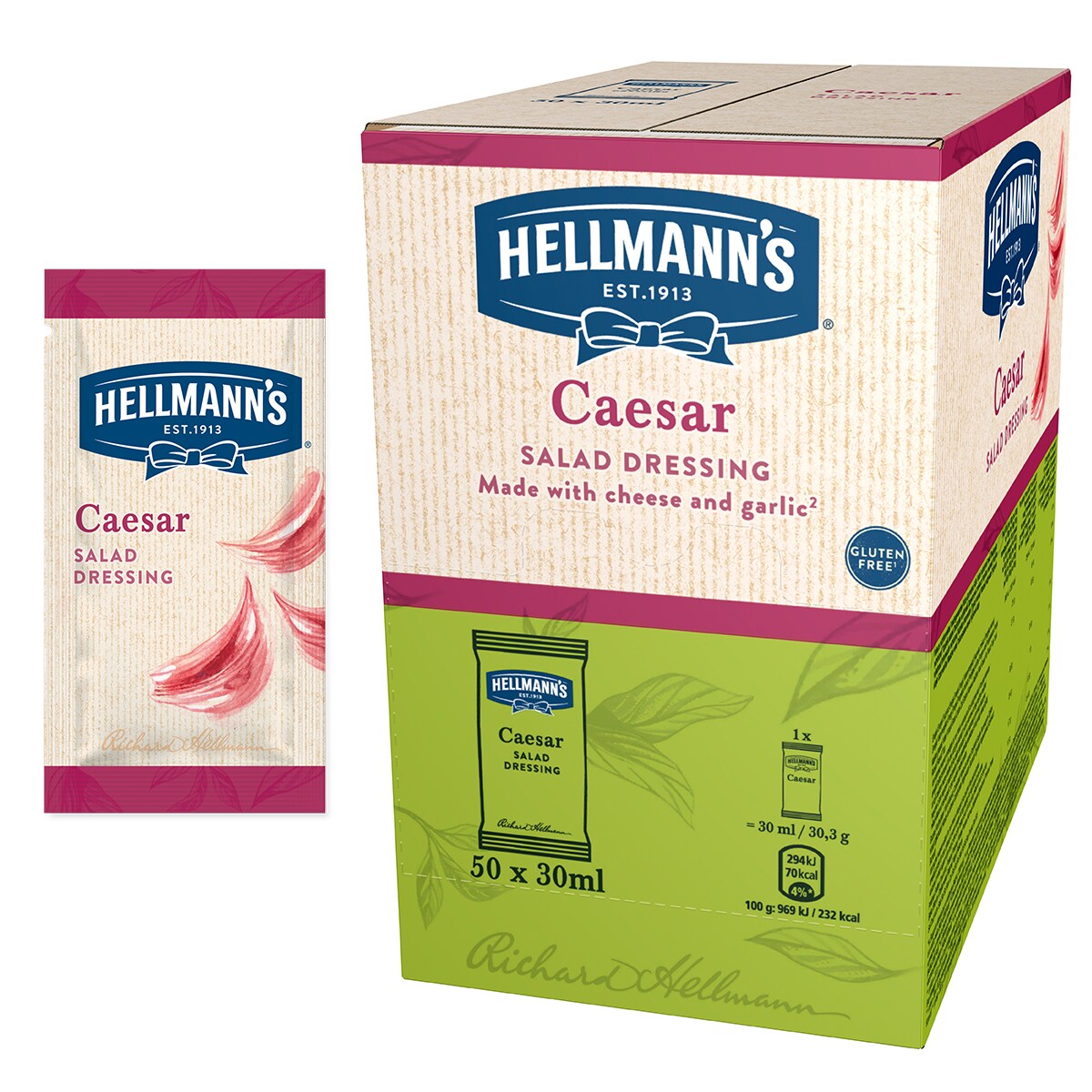 Hellmann's Салатен дресинг Цезар - доза 30 ml - "Имам нужда от готово решение за салатен дресинг в единична доза, с качество, на което мога да разчитам и което бързо би се добавило към салата за доставка"