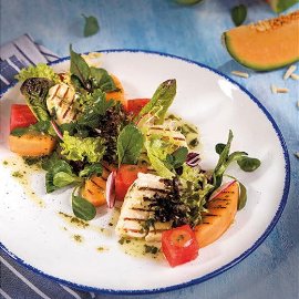 Салата с печен на грил пъпеш, СИРЕНЕ ХАЛУМИ И МЕНТОВО-ЛИМОНОВ СОС